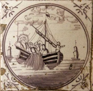 Delft tile - Jesus fishes with disciples after resurrection