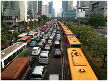 Traffic congestioneven for TransJakarta busses in their special lane