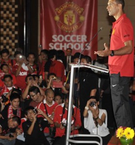 Rio Ferdinand of Manchester United giving a speech in Indonesia