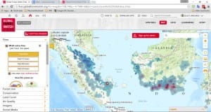 Global Forest Watch Fires indicating fires on peatlands (blue areas)-taken on 21 September 2015