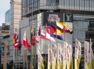 The flags of ASEAN nations raised in MH Thamrin Avenue, Jakarta, during 18th ASEAN Summit, Jakarta, 8 May 2011.