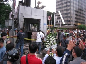 Damaged Police Box caused by suicide bomb attack in front of Sarinah Building, Jalan MH Thamrin. Location of Sarinah-Starbucks terrorist attack in Central Jakarta, 14 January 2016.