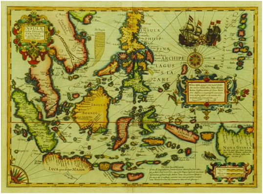 1606 map of SE Asia and Indonesia by Hondius showing Drake’s landfall at Cilacap in 1580