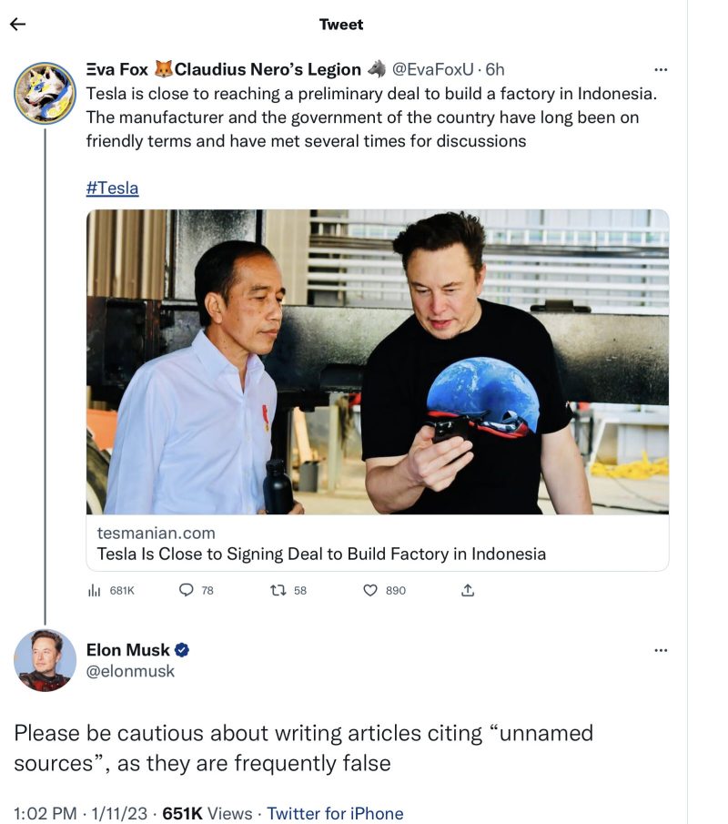 Elon Musk commenting on Twitter 