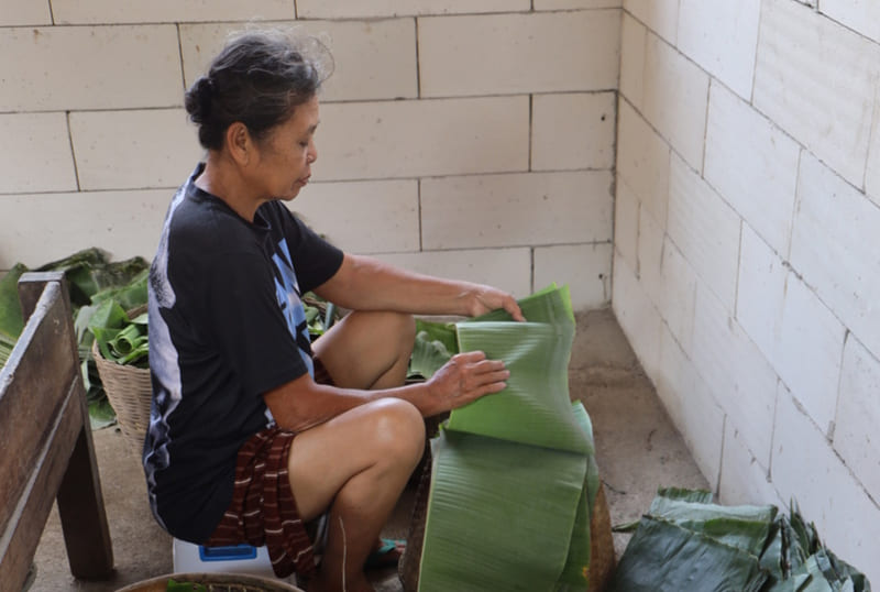 A lady cutting banana leaves for wrapping the tempe