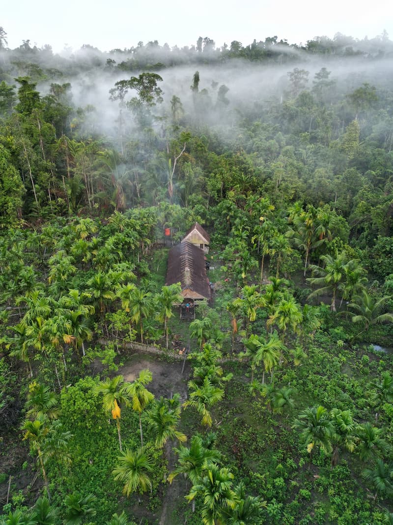 Aerial view of Uma on misty morning