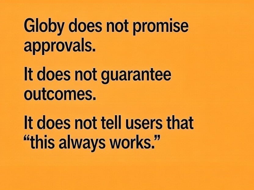 Globy does not promise approvals.
It does not guarantee outcomes.
It does not tell users that “this always works.”